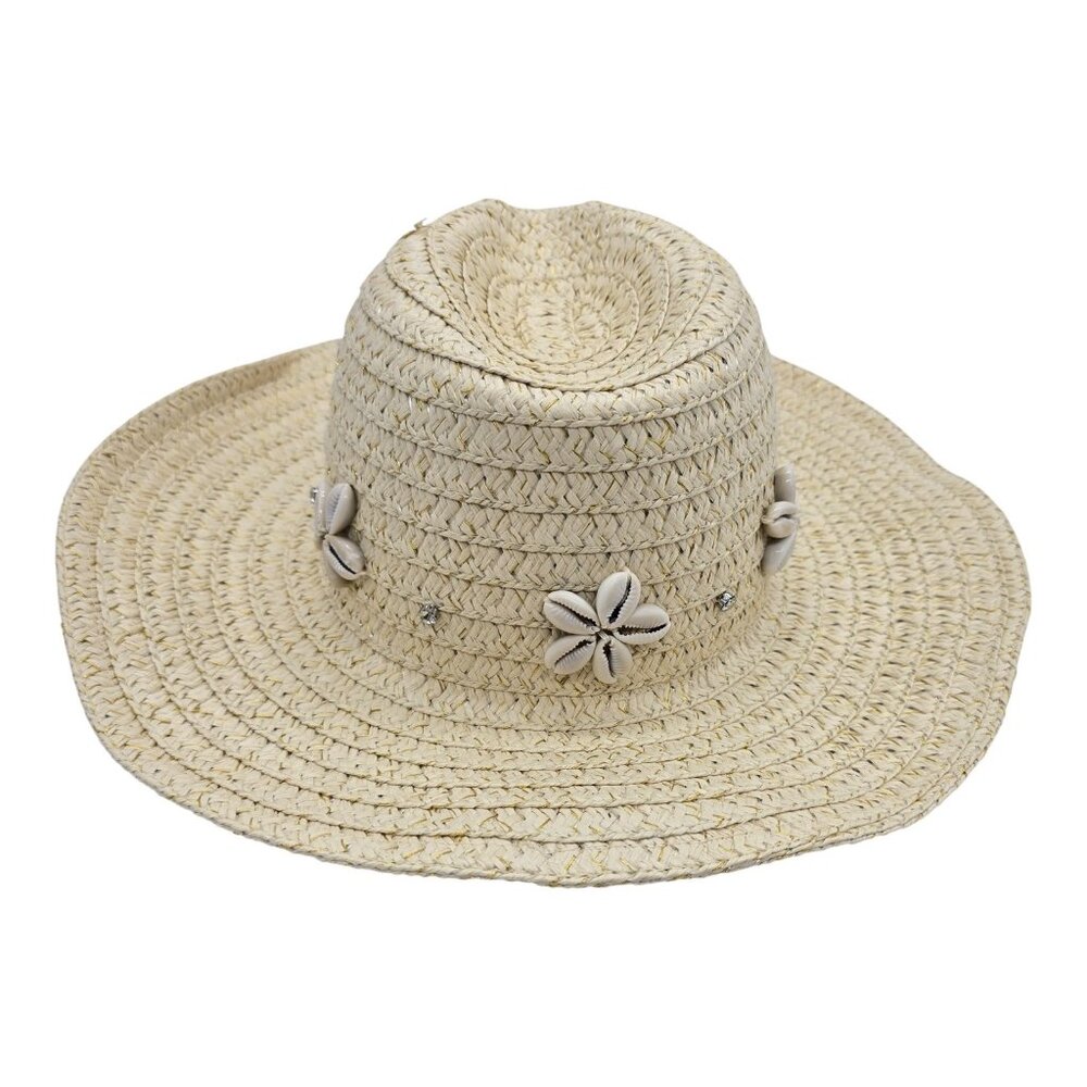 Women's Paper Straw Sun Hat Wide Brim Beach Vacation Floppy Hat with Cowrie - Picture 2 of 5
